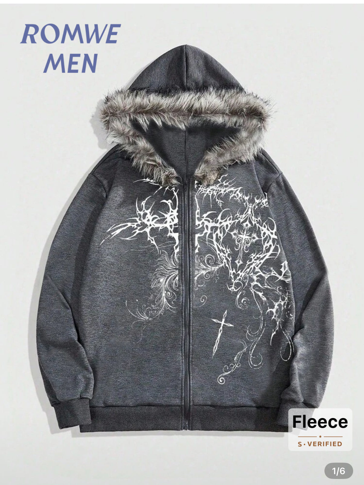 ROMWE MEN Goth Men's Autumn Cross Print Zip-Up Patchwork Faux Fur Hooded Casual Sweatshirt, Long Sleeve Top